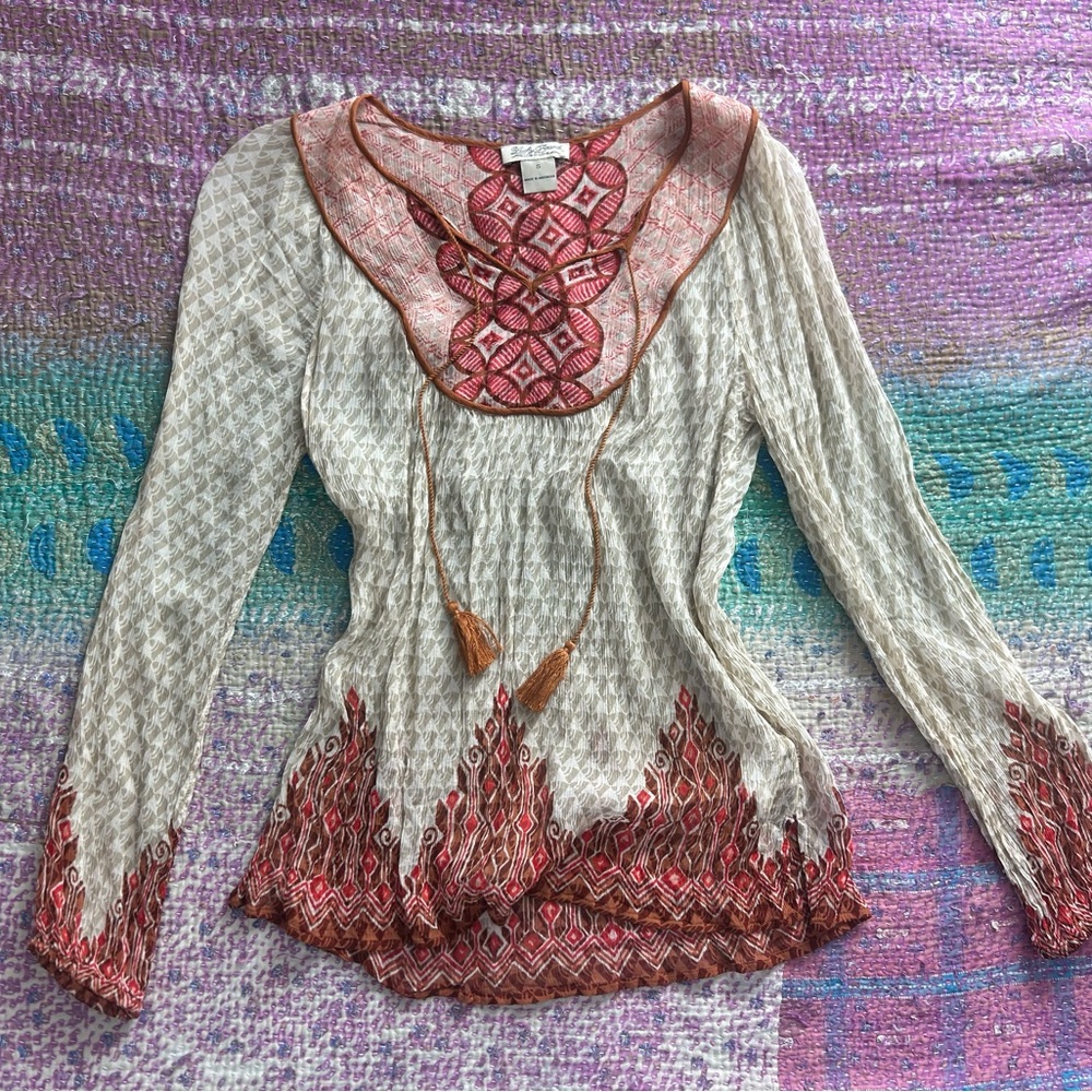 Lucky Brand Vintage Rayon sheer long sleeve blouse top size Small